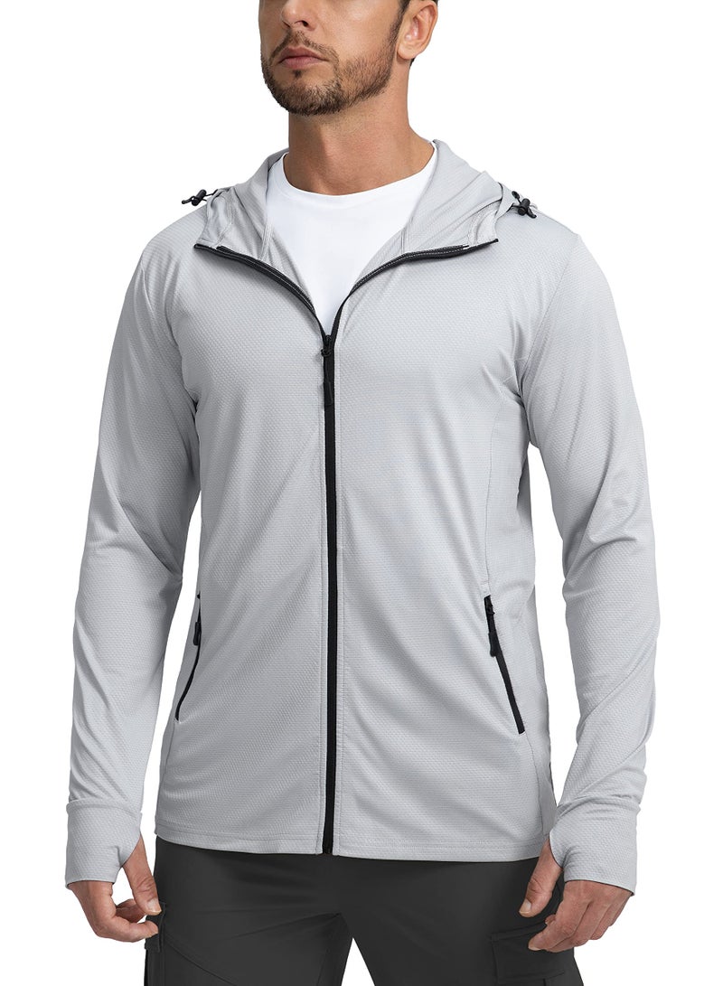Sejuani Men's UPF 50+ Light Jacket Full Zip Sun Protection Hoodie Long Sleeve Sun Shirts for Men Hiking Fishing Zip Pockets(Light Grey_L) - Image 1